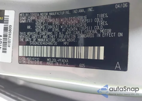 2006 Toyota Sienna Le из США, поврежденный, VIN 5TDZA23C46S486730